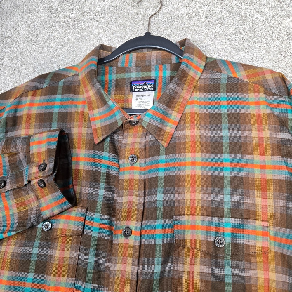 Patagonia buckshot Men 2XL orange blue Organic Cotton Flannel Shirt 53856FA13